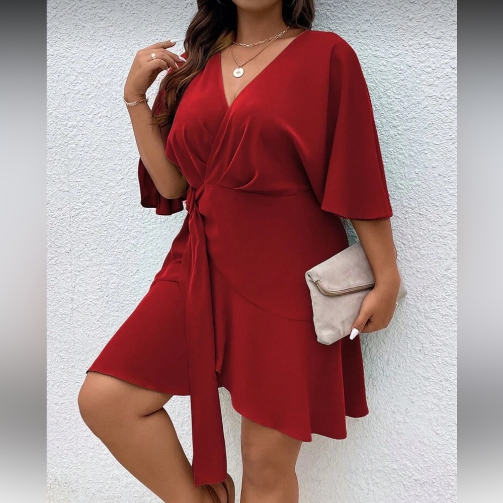 Plus solid Batwing Sleeve Ruffle Hem Mini Dress - Picture 12 of 13